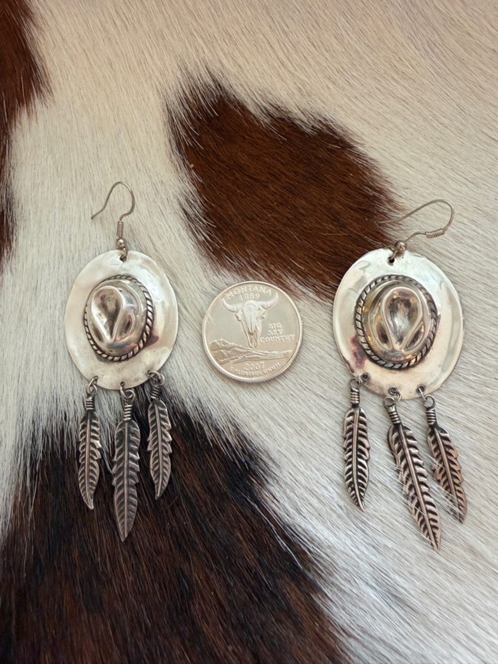 ❤️ Signed “PAJ” Vintage Sterling Silver 9.2G Cowboy Hat w Feather Dangles 3.12”L - Picture 5 of 17